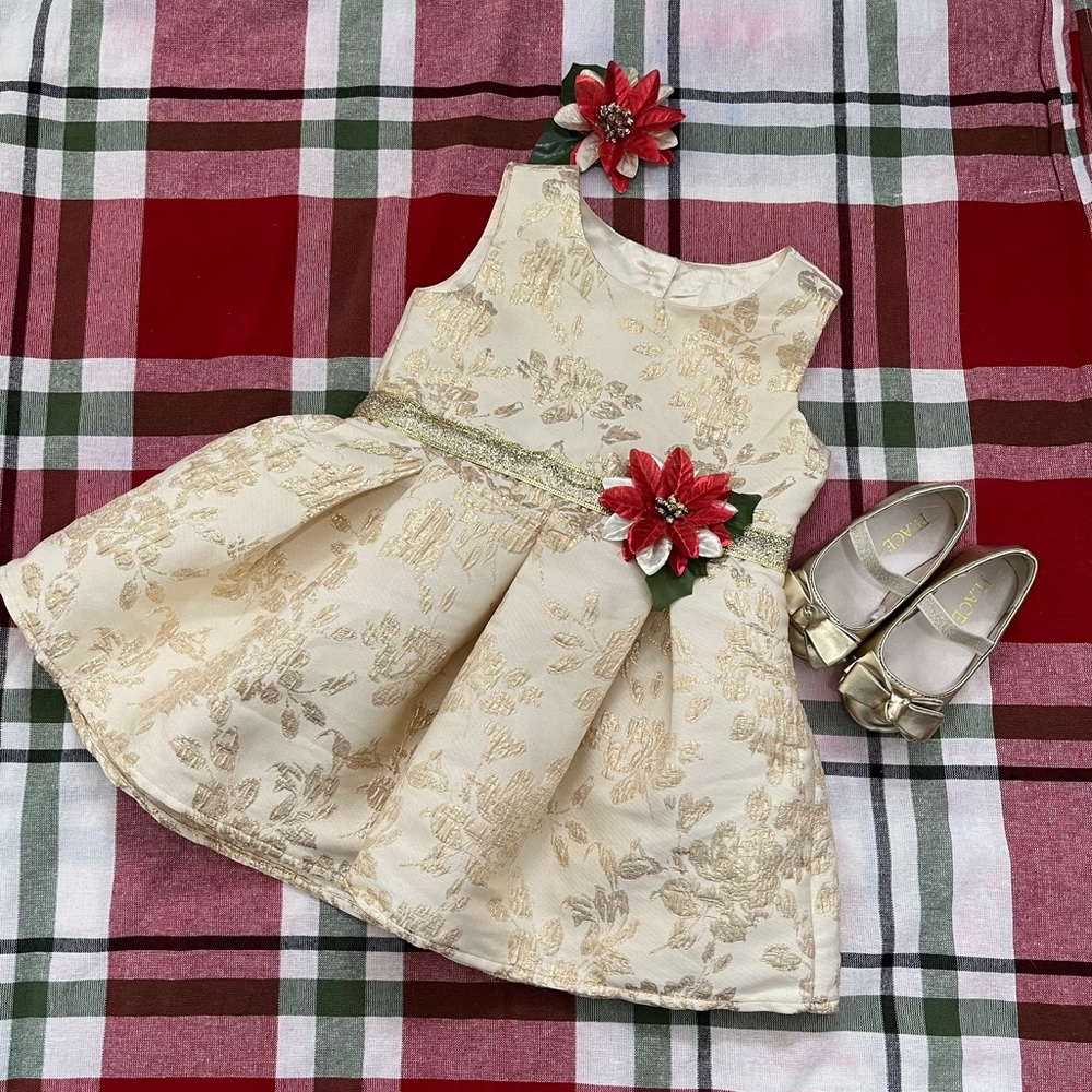 Beautiful upcycled cream and gold Christmas beauty dress. Size 2t-3t.